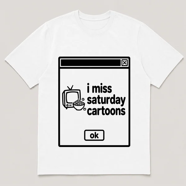 lonely boi tee: a retro computer error dialog window with cereal bowl and the words i miss saturday cartoons and an ok button