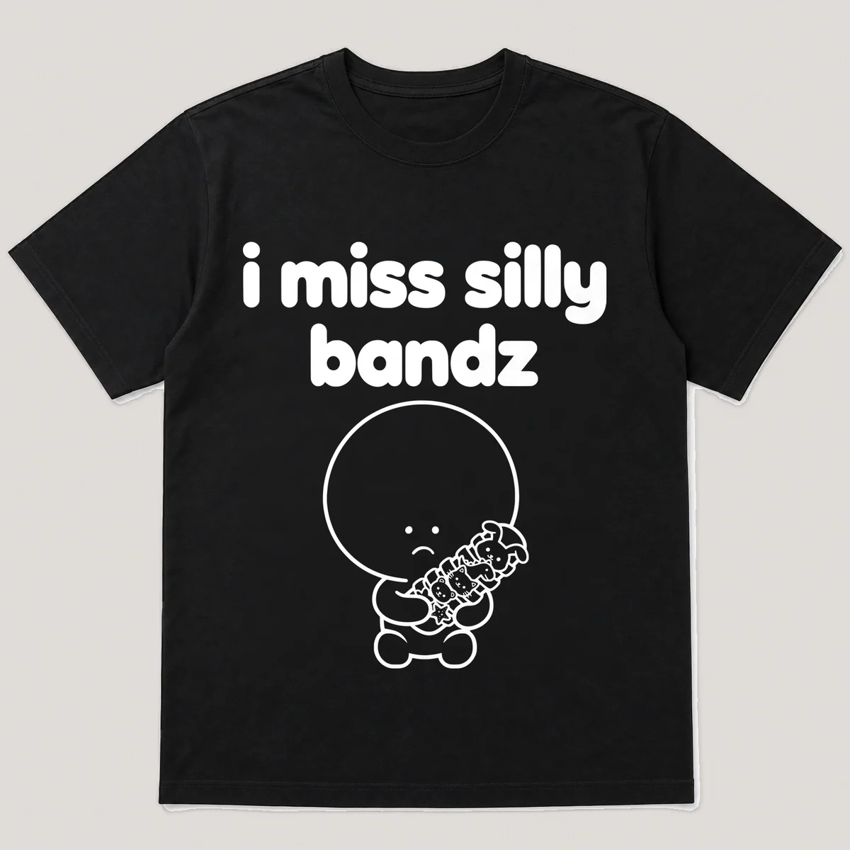 lonely boi tee: a small sad cartoon boy hugging a wrist stacked with animal-shaped bands, with the words i miss silly bandz above him, Black front view