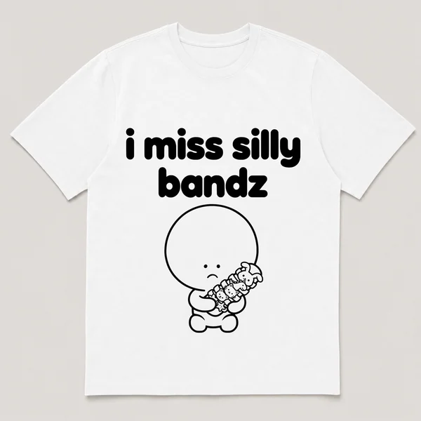 lonely boi tee: a small sad cartoon boy hugging a wrist stacked with animal-shaped bands, with the words i miss silly bandz above him