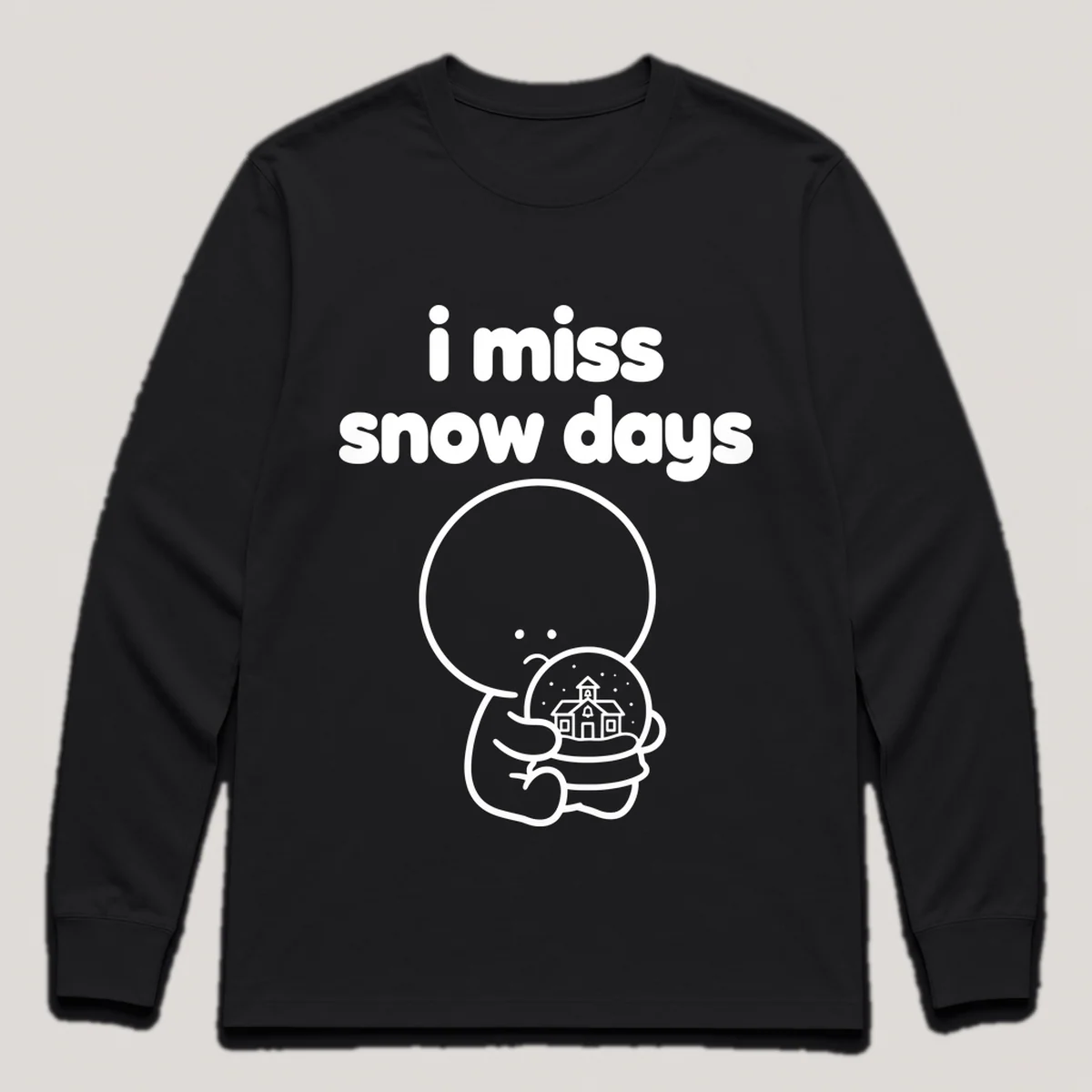 lonely boi tee: a small sad cartoon boy hugging a snow globe with a tiny school, with the words i miss snow days above him, Black front view