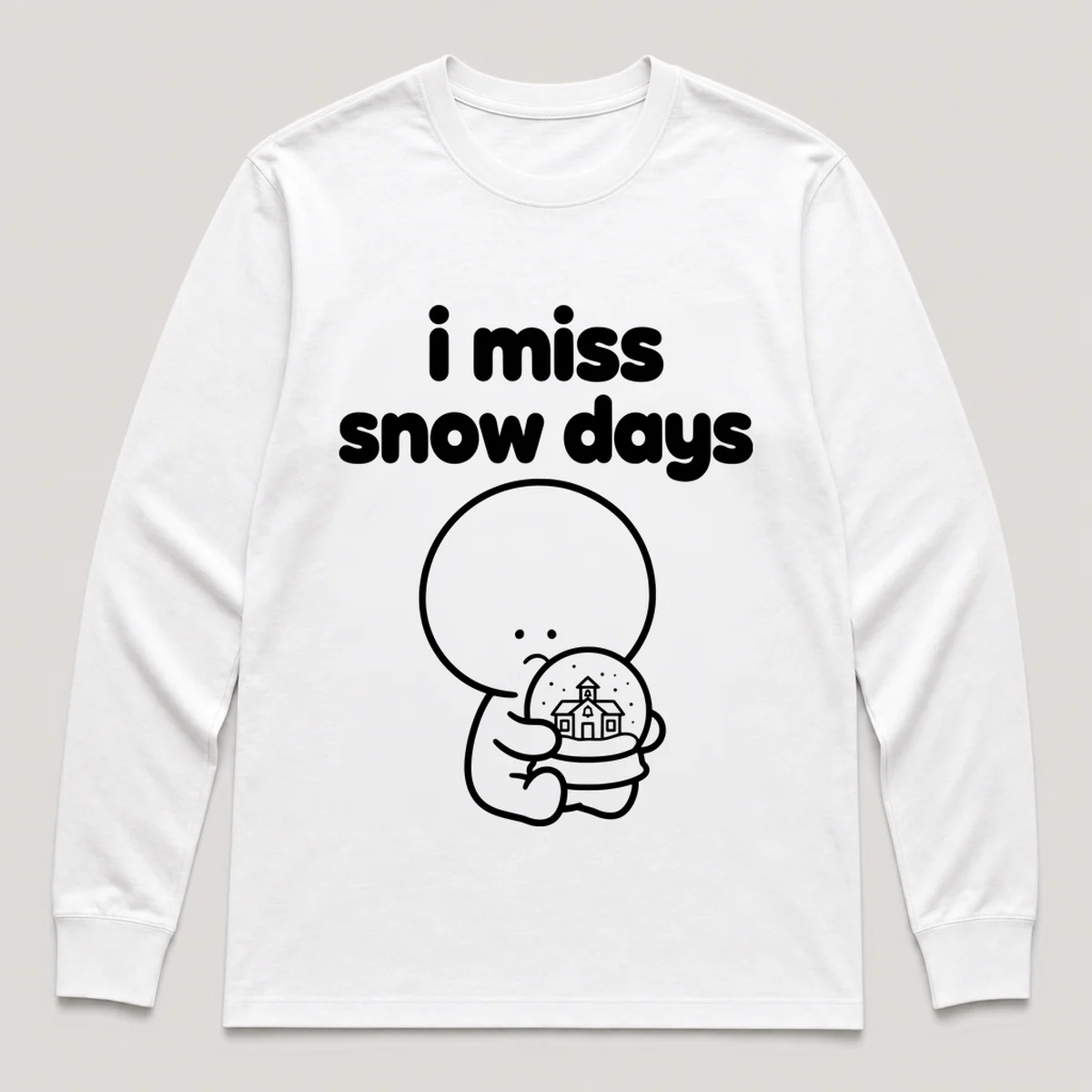 lonely boi tee: a small sad cartoon boy hugging a snow globe with a tiny school, with the words i miss snow days above him, White front view