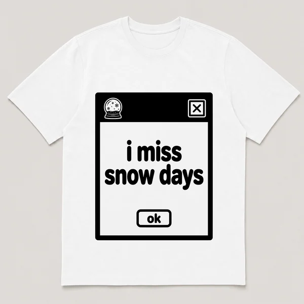 lonely boi tee: a retro computer error dialog window with snow globe and the words i miss snow days and an ok button