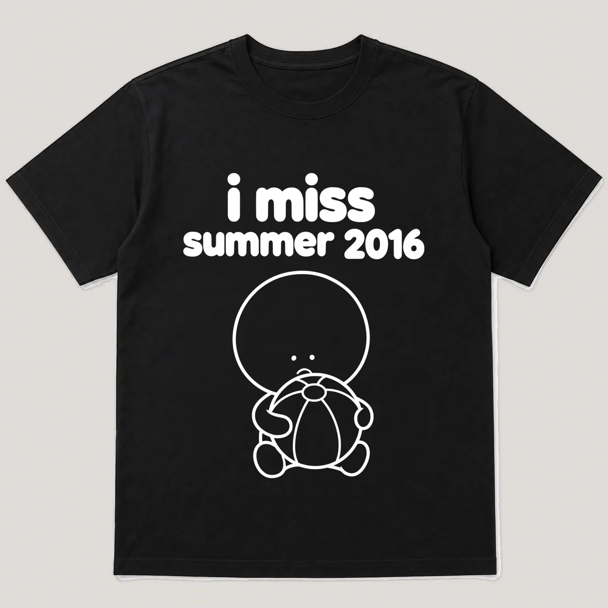 lonely boi tee: a small sad cartoon boy hugging a phone catching a small cartoon creature, with the words i miss summer 2016 above him, Black front view