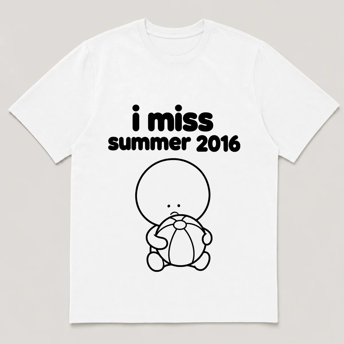 lonely boi tee: a small sad cartoon boy hugging a phone catching a small cartoon creature, with the words i miss summer 2016 above him, White front view