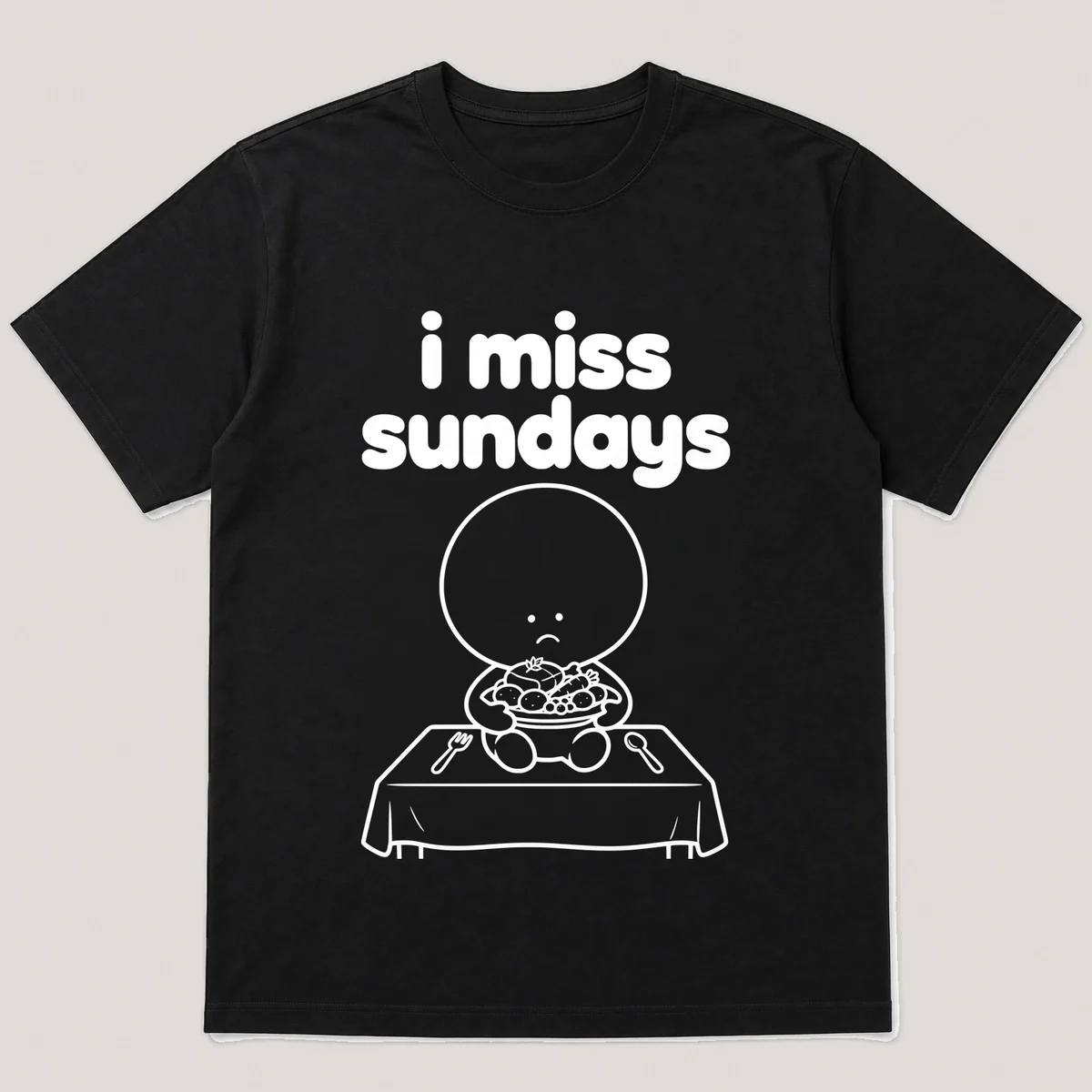lonely boi tee: a small sad cartoon boy hugging a roast dinner on a family table, with the words i miss sundays above him, Black front view