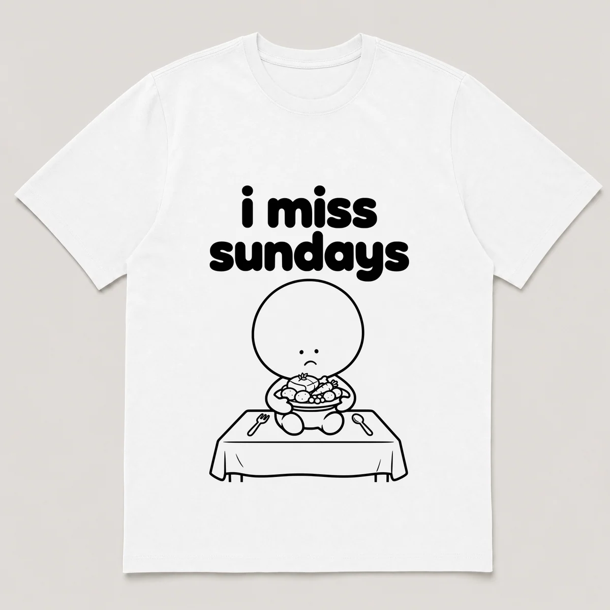 lonely boi tee: a small sad cartoon boy hugging a roast dinner on a family table, with the words i miss sundays above him, White front view