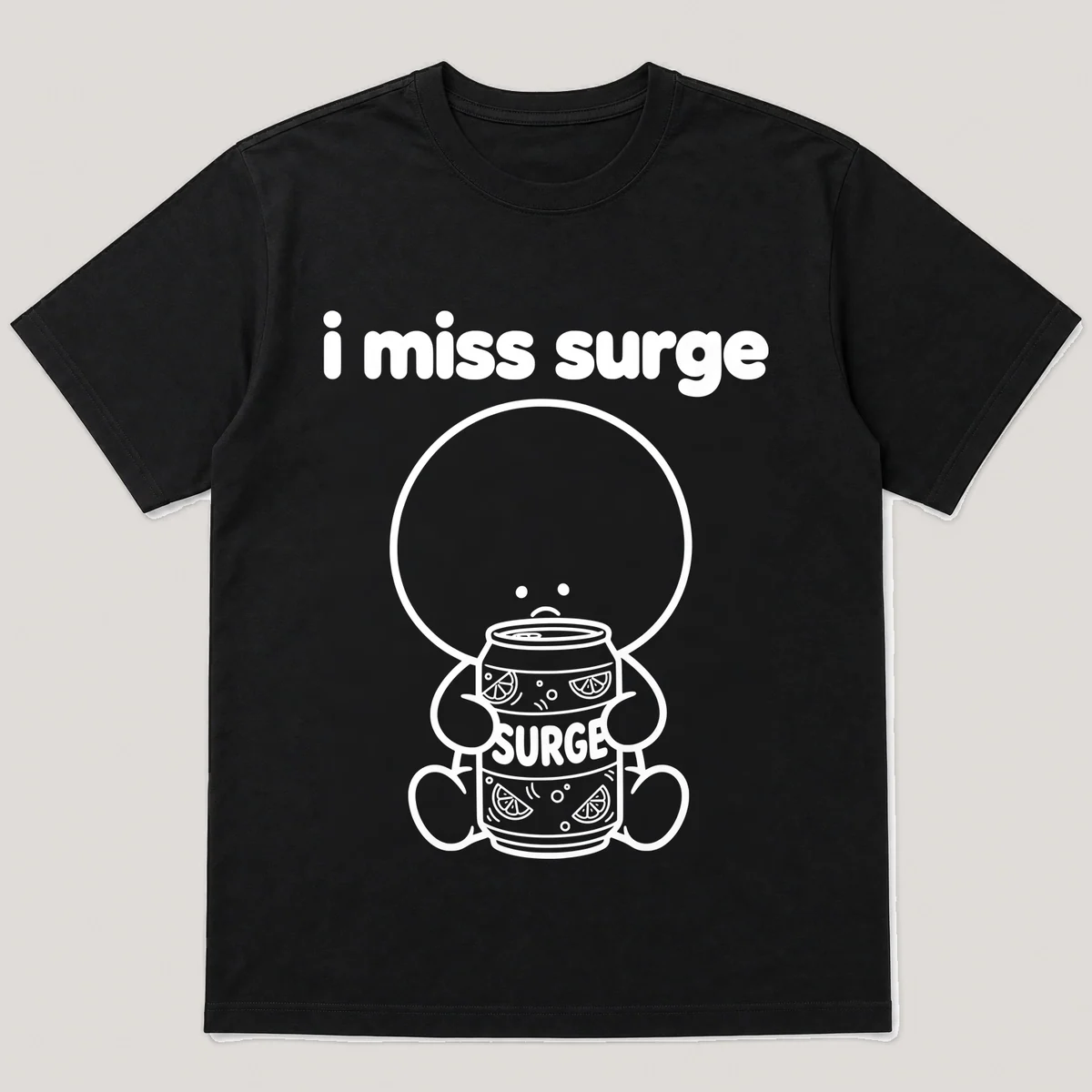 lonely boi tee: a small sad cartoon boy hugging a neon green can of citrus soda, with the words i miss surge above him, Black front view