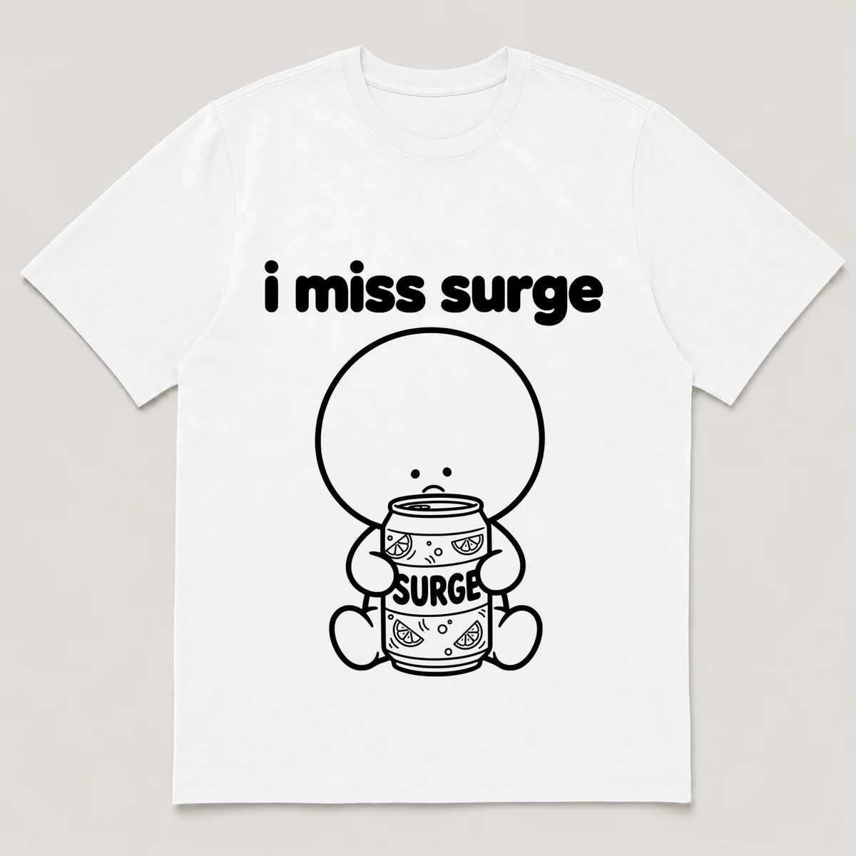 lonely boi tee: a small sad cartoon boy hugging a neon green can of citrus soda, with the words i miss surge above him, White front view