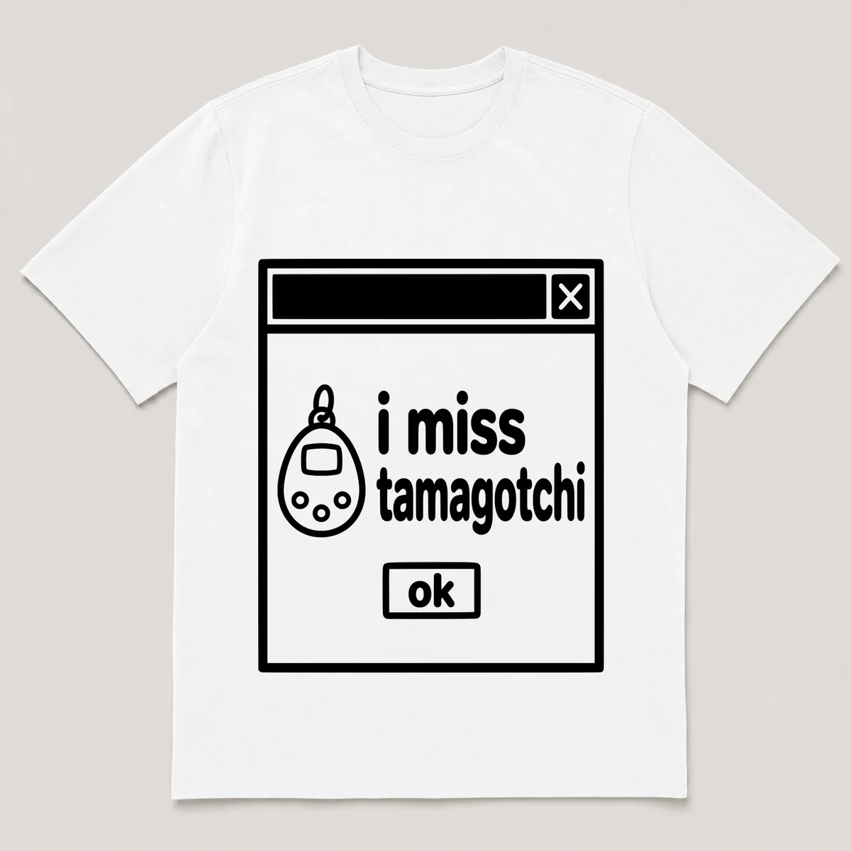 lonely boi tee: a retro computer error dialog window with tiny egg toy and the words i miss tamagotchi and an ok button, White front view