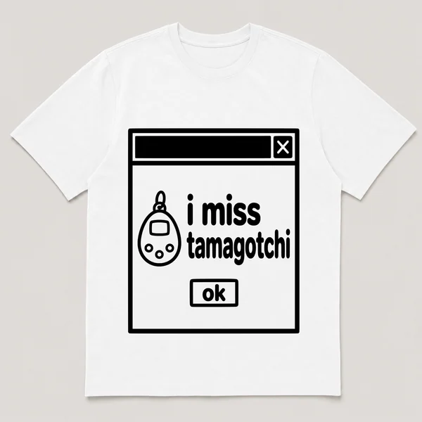 lonely boi tee: a retro computer error dialog window with tiny egg toy and the words i miss tamagotchi and an ok button