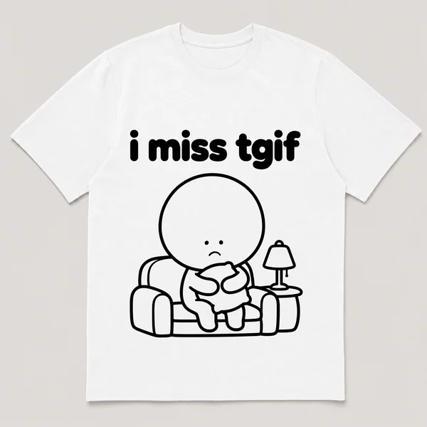 lonely boi tee: a small sad cartoon boy hugging a comfy couch with a warm lamp, with the words i miss tgif above him