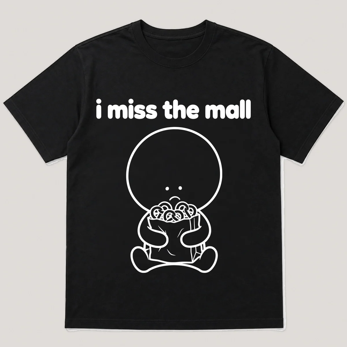 lonely boi tee: a small sad cartoon boy hugging a paper shopping bag with pretzels, with the words i miss the mall above him, Black front view