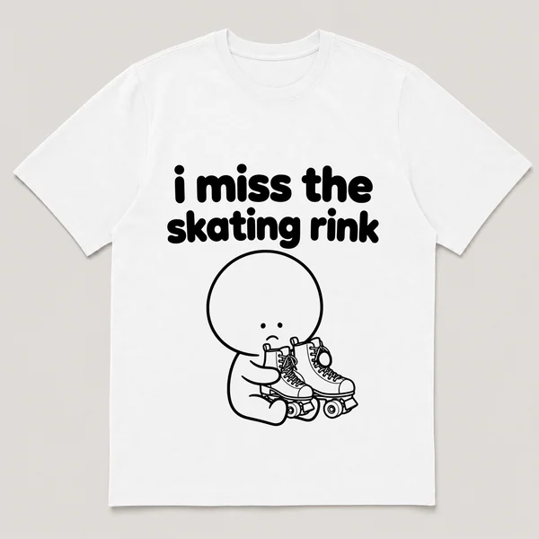 lonely boi tee: a small sad cartoon boy hugging a pair of old quad roller skates, with the words i miss the skating rink above him