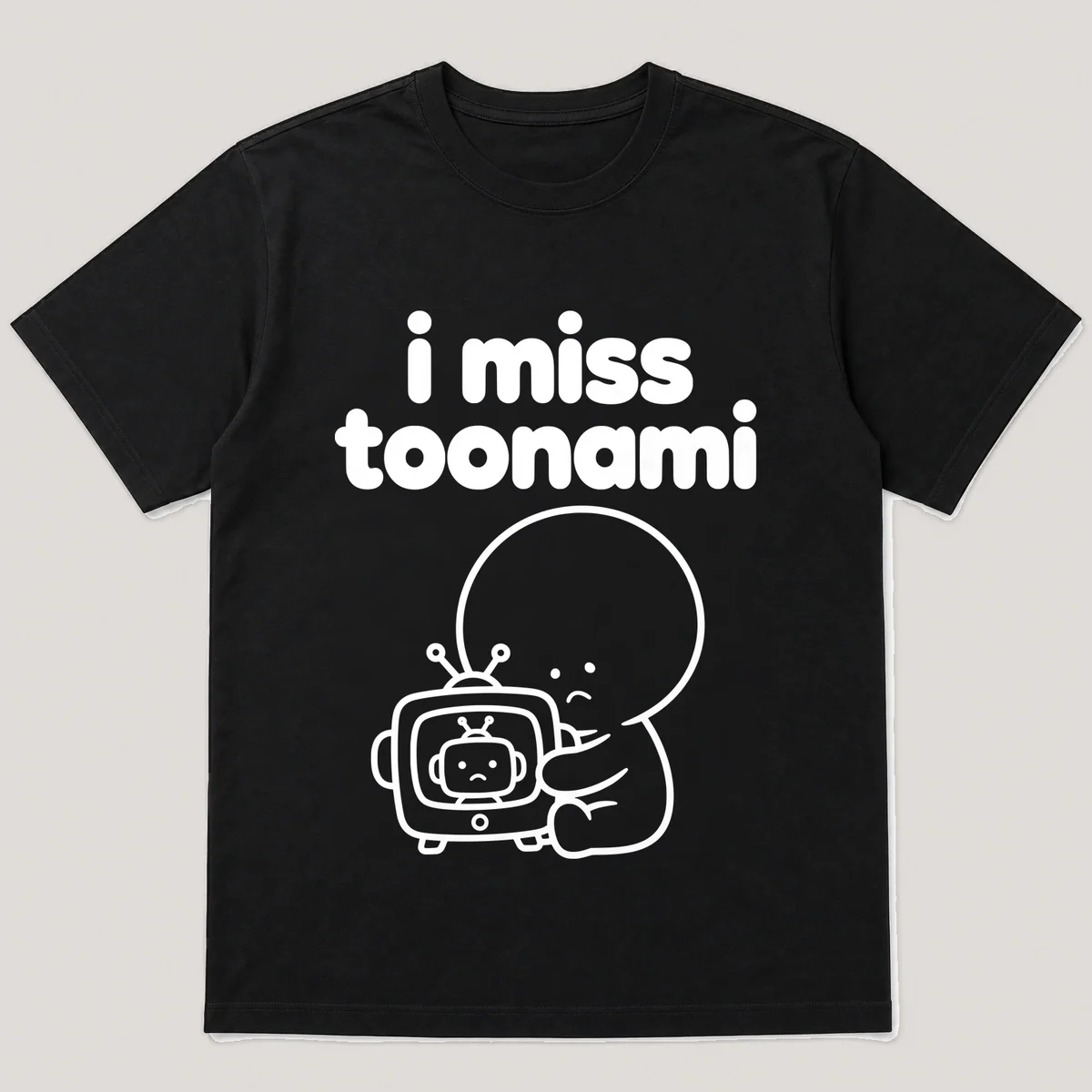 lonely boi tee: a small sad cartoon boy hugging a small robot host on a tv, with the words i miss toonami above him, Black front view