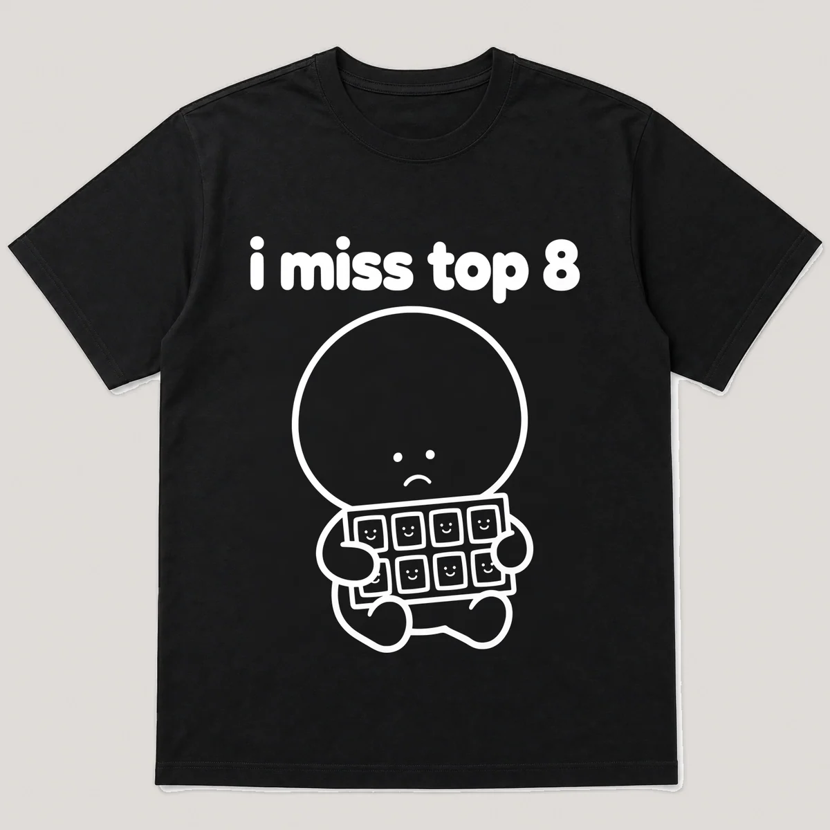 lonely boi tee: a small sad cartoon boy hugging a photo grid of eight small frames, with the words i miss top 8 above him, Black front view