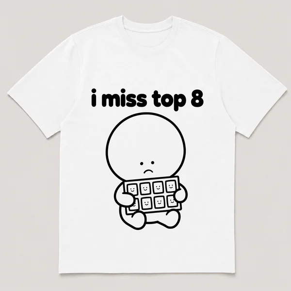 lonely boi tee: a small sad cartoon boy hugging a photo grid of eight small frames, with the words i miss top 8 above him