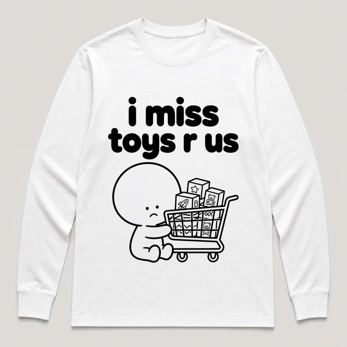 lonely boi tee: a small sad cartoon boy hugging a shopping cart full of toy boxes, with the words i miss toys r us above him, White front view