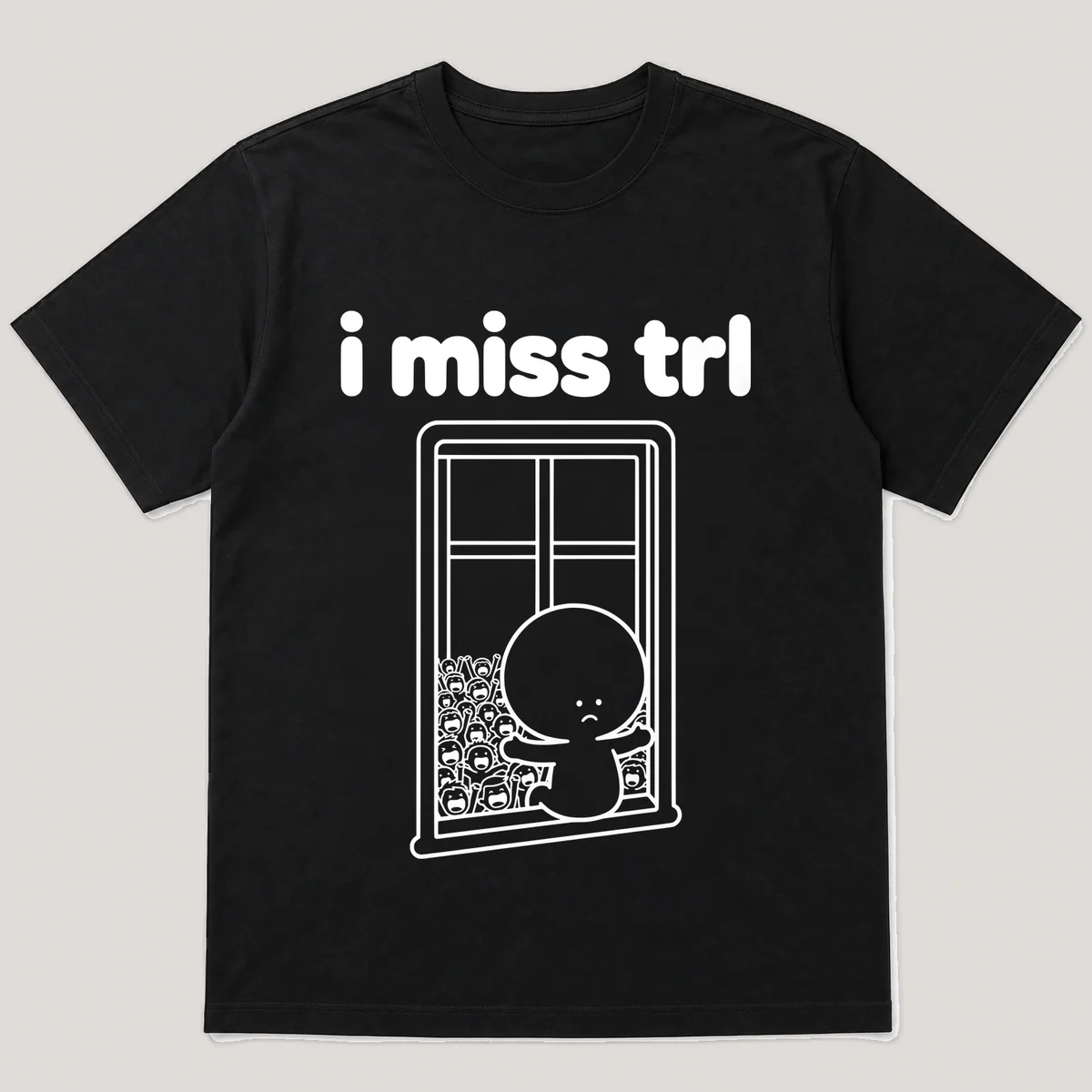 lonely boi tee: a small sad cartoon boy hugging a screaming crowd outside a tall window, with the words i miss trl above him, Black front view