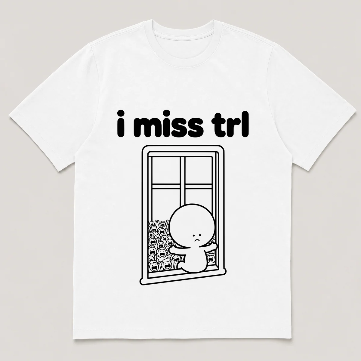 lonely boi tee: a small sad cartoon boy hugging a screaming crowd outside a tall window, with the words i miss trl above him, White front view
