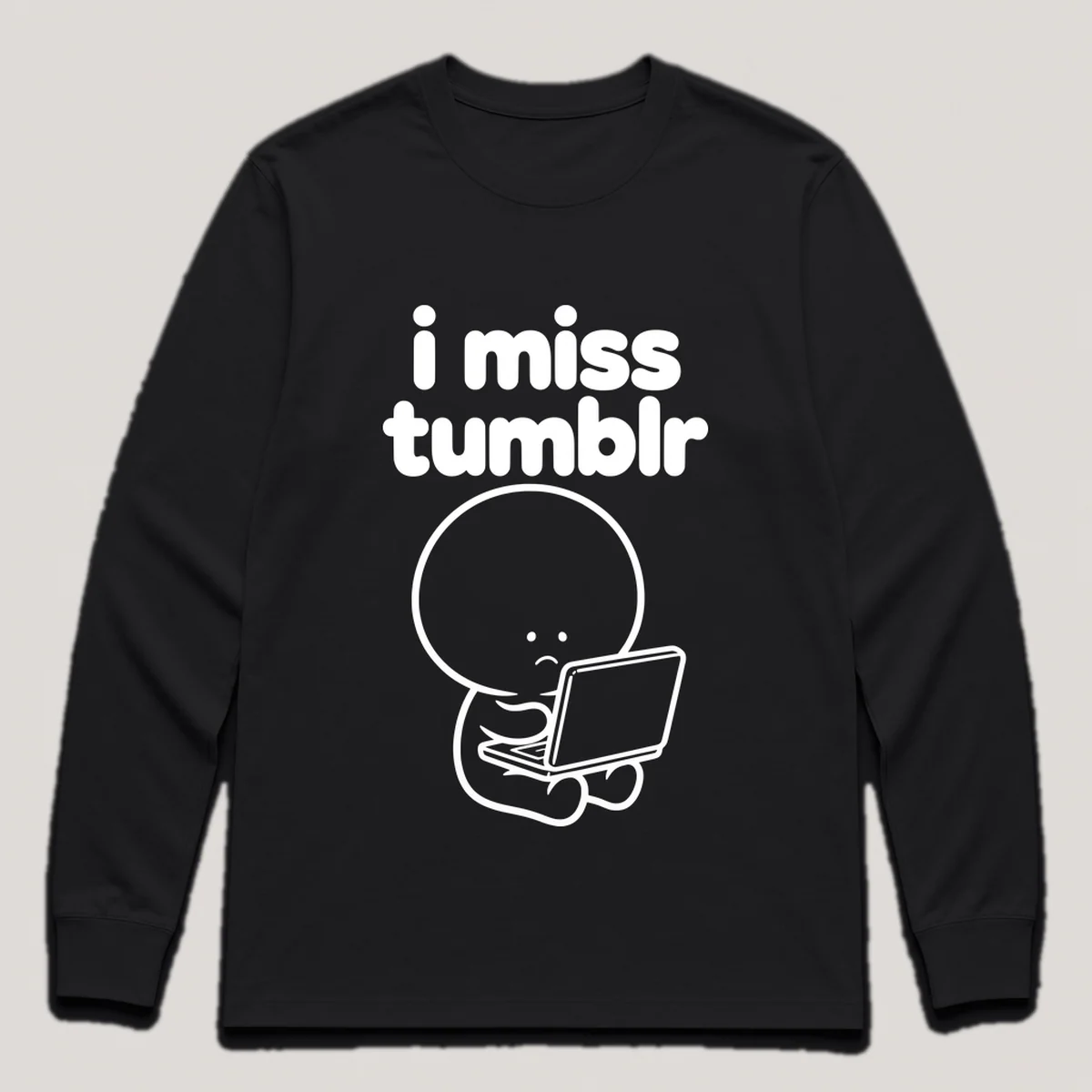 lonely boi tee: a small sad cartoon boy hugging an open laptop glowing in a dark room, with the words i miss tumblr above him, Black front view
