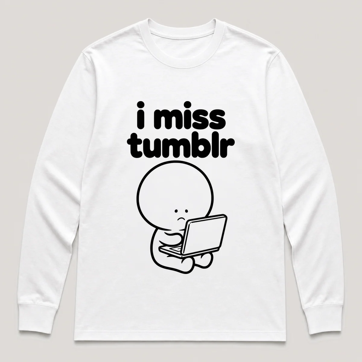 lonely boi tee: a small sad cartoon boy hugging an open laptop glowing in a dark room, with the words i miss tumblr above him, White front view