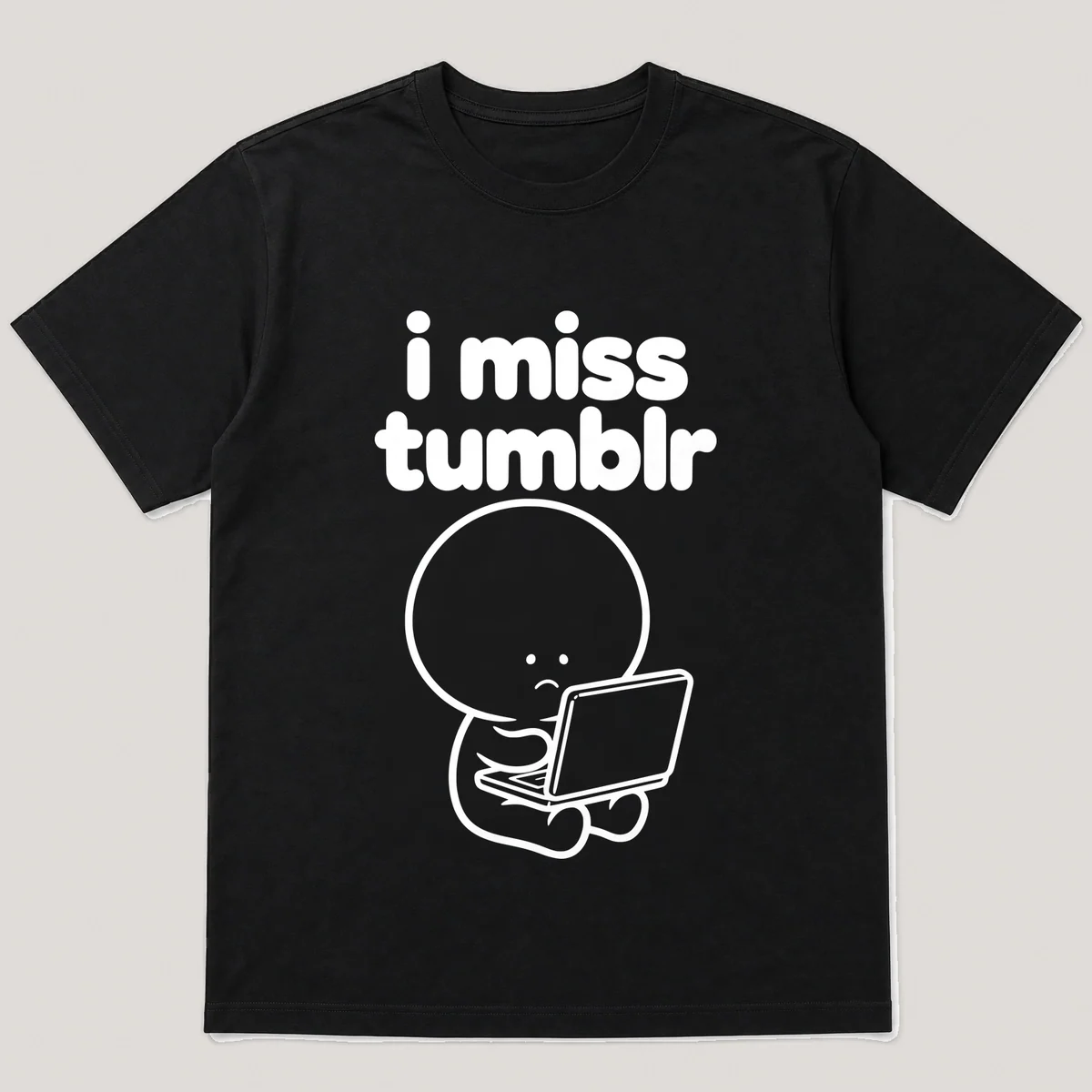 lonely boi tee: a small sad cartoon boy hugging an open laptop glowing in a dark room, with the words i miss tumblr above him, Black front view