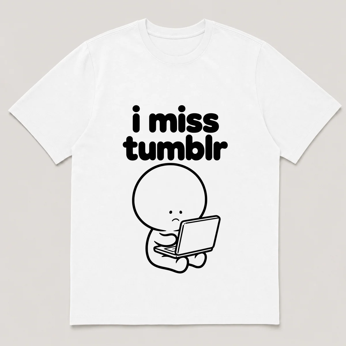 lonely boi tee: a small sad cartoon boy hugging an open laptop glowing in a dark room, with the words i miss tumblr above him, White front view