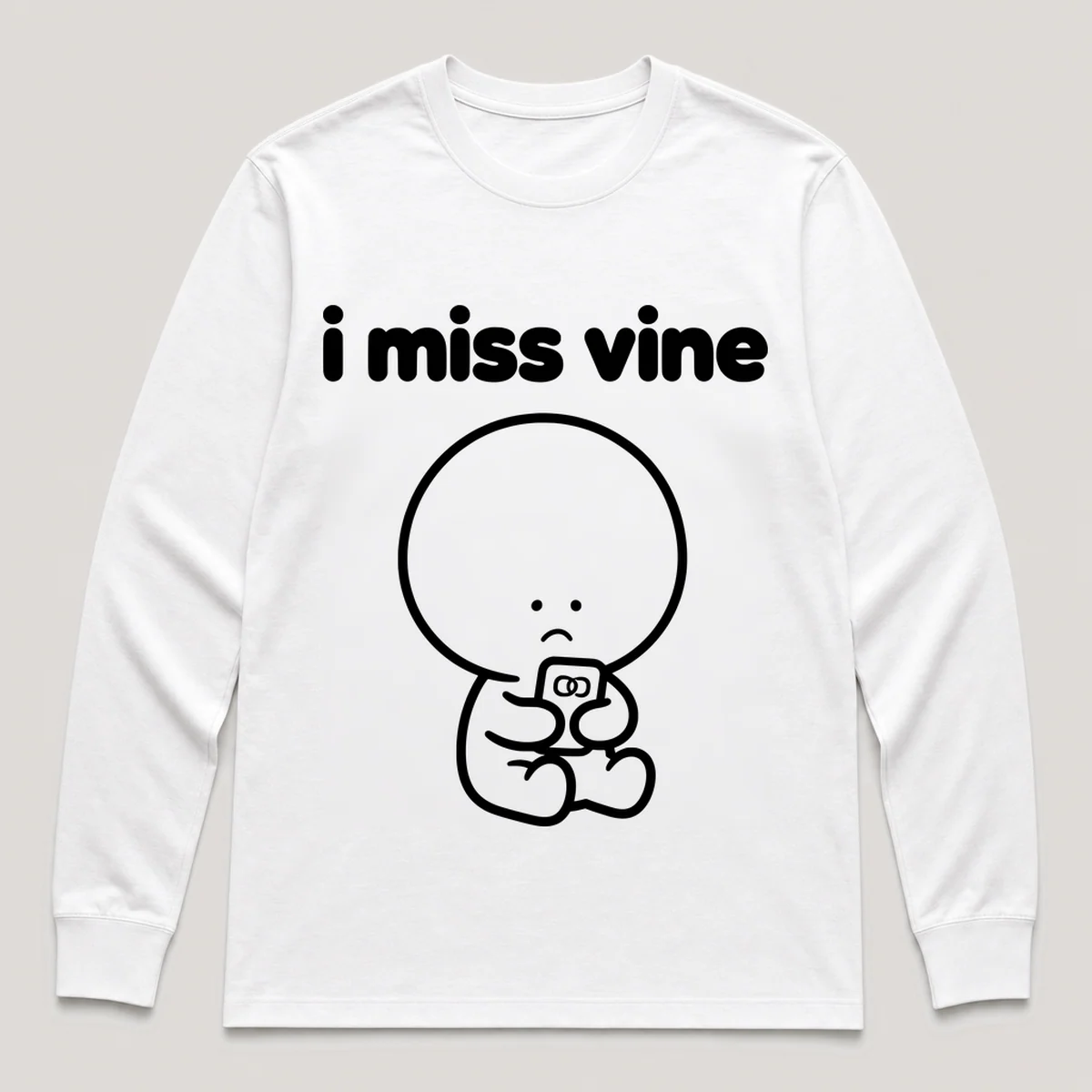 lonely boi tee: a small sad cartoon boy hugging a tiny phone playing a short looping video, with the words i miss vine above him, White front view