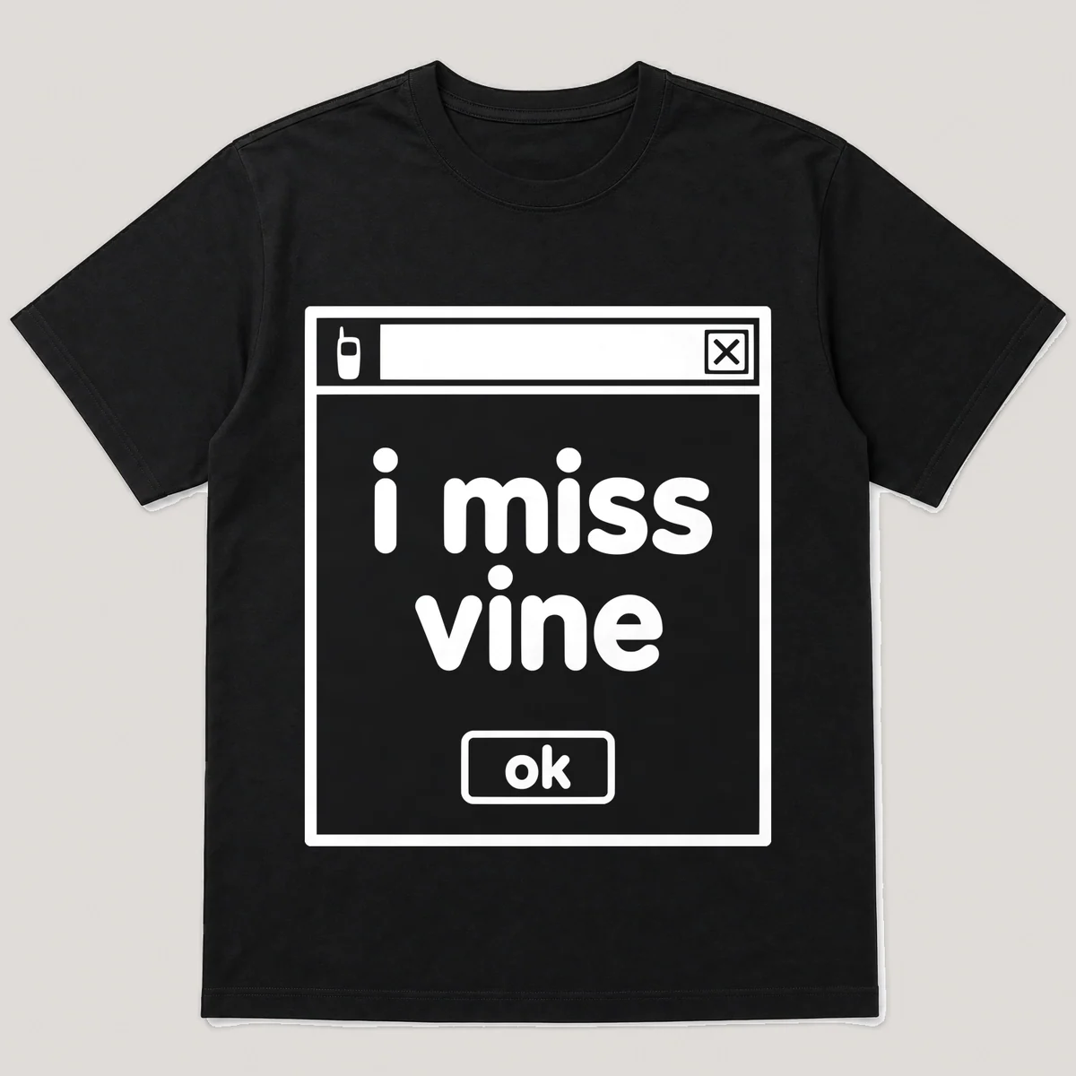 lonely boi tee: a retro computer error dialog window with small phone and the words i miss vine and an ok button, Black front view