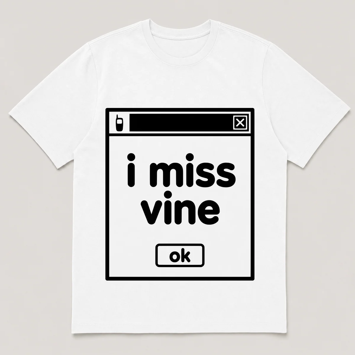 lonely boi tee: a retro computer error dialog window with small phone and the words i miss vine and an ok button, White front view
