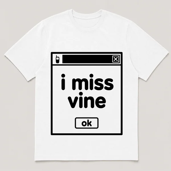 lonely boi tee: a retro computer error dialog window with small phone and the words i miss vine and an ok button