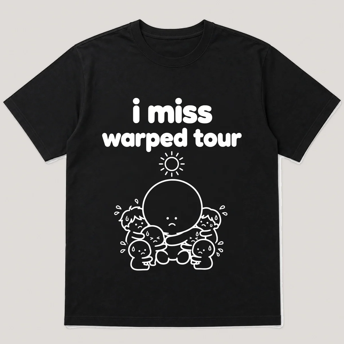 lonely boi tee: a small sad cartoon boy hugging a sweaty crowd under a summer sun, with the words i miss warped tour above him, Black front view