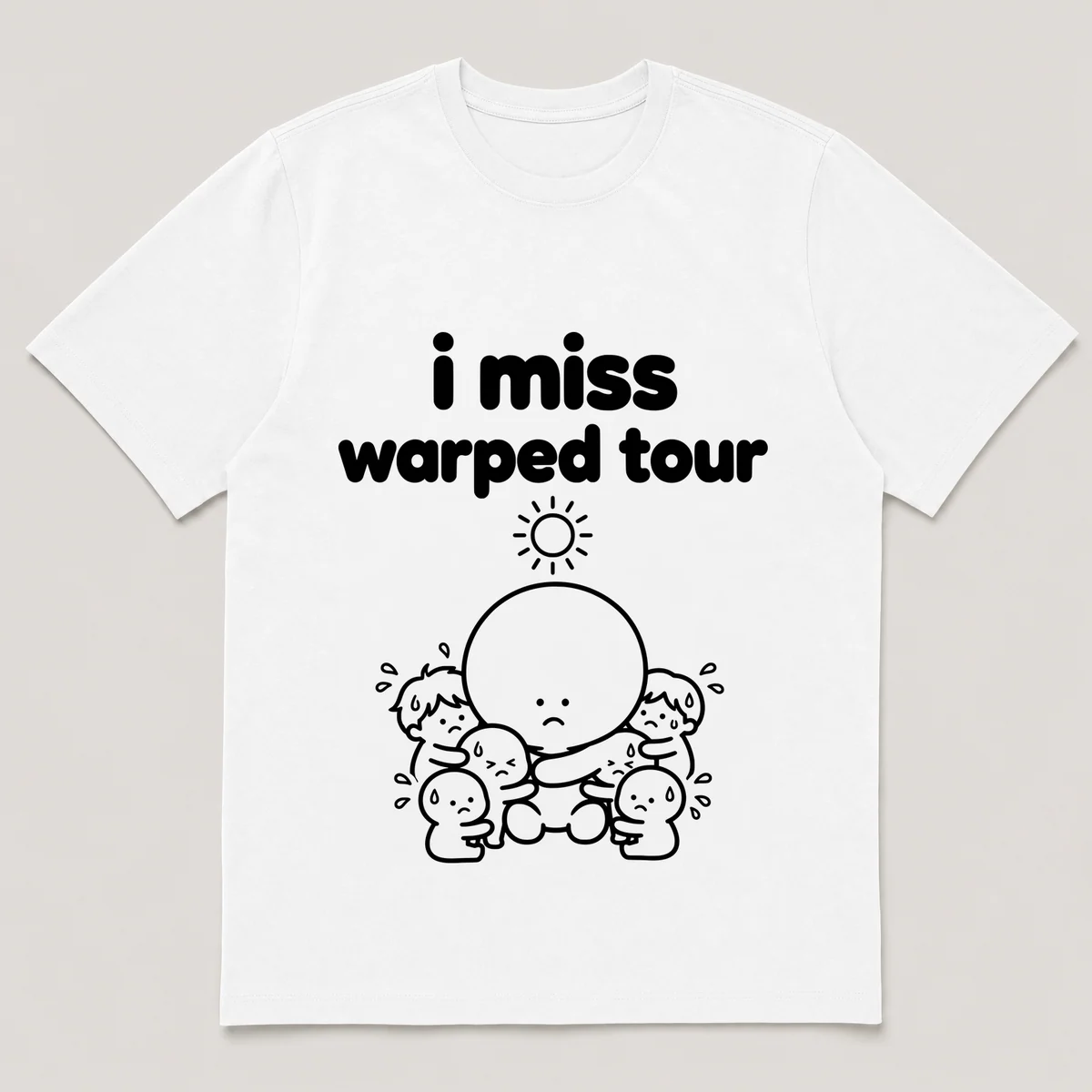 lonely boi tee: a small sad cartoon boy hugging a sweaty crowd under a summer sun, with the words i miss warped tour above him, White front view