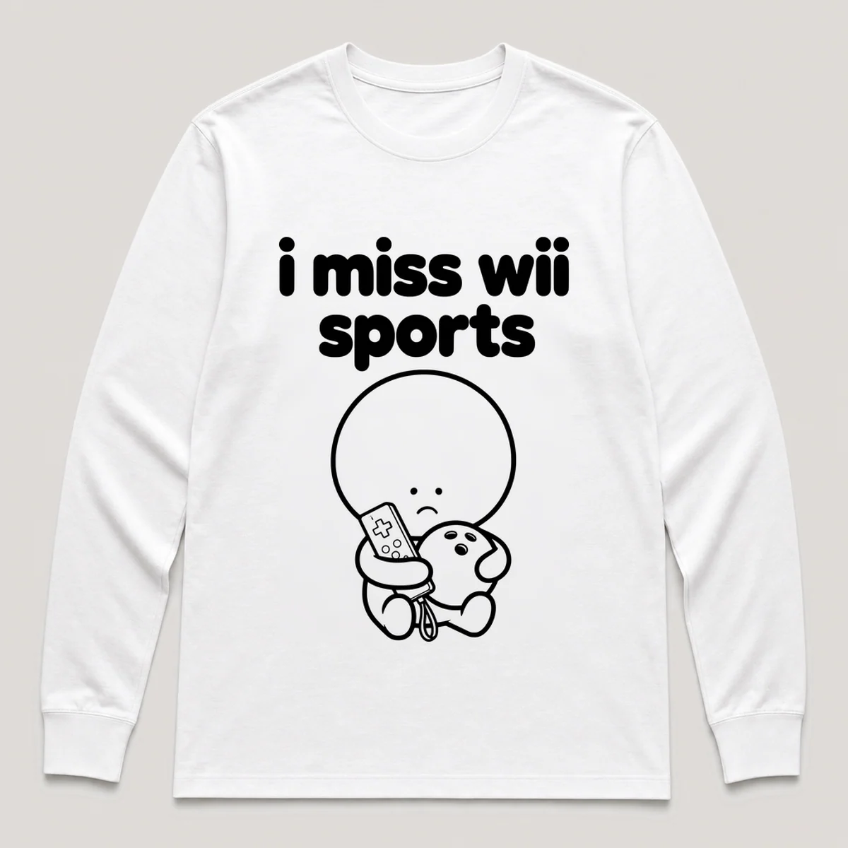 lonely boi tee: a small sad cartoon boy hugging a white motion remote and a bowling ball, with the words i miss wii sports above him, White front view