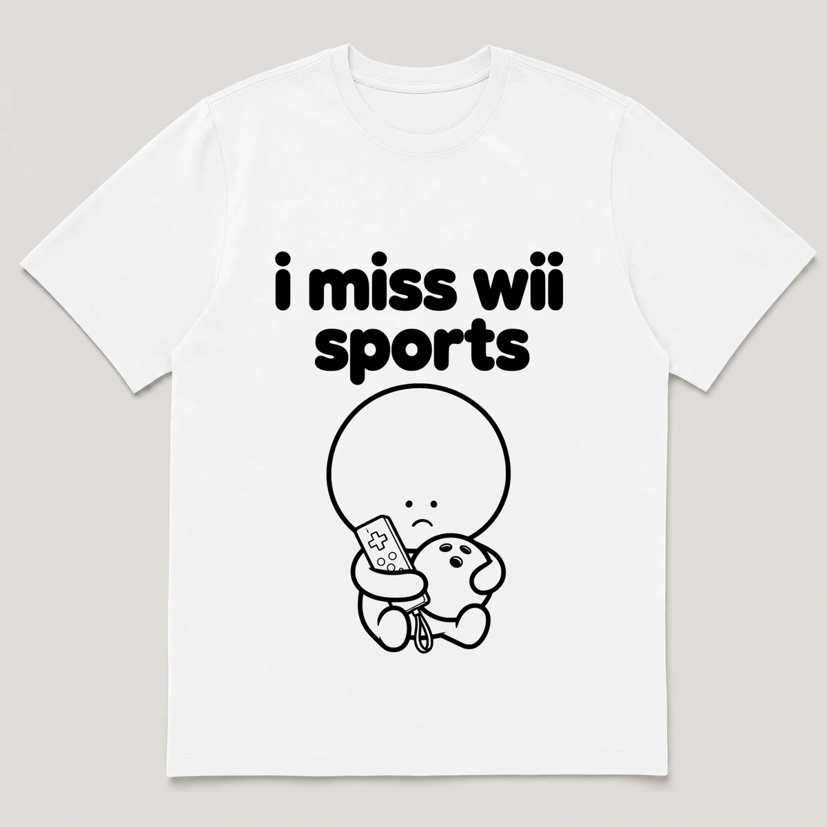 lonely boi tee: a small sad cartoon boy hugging a white motion remote and a bowling ball, with the words i miss wii sports above him, White front view