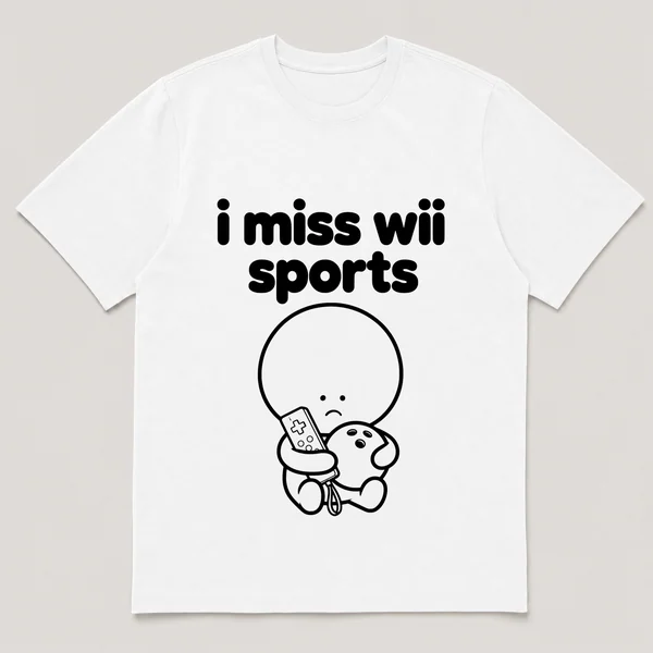 lonely boi tee: a small sad cartoon boy hugging a white motion remote and a bowling ball, with the words i miss wii sports above him