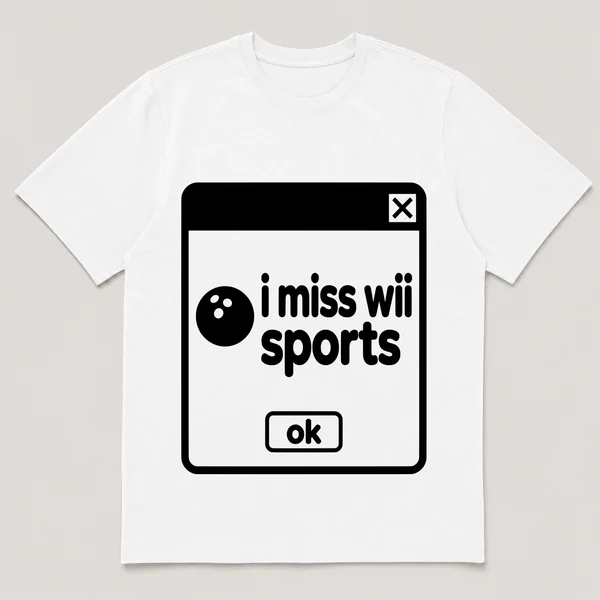 lonely boi tee: a retro computer error dialog window with bowling ball and the words i miss wii sports and an ok button